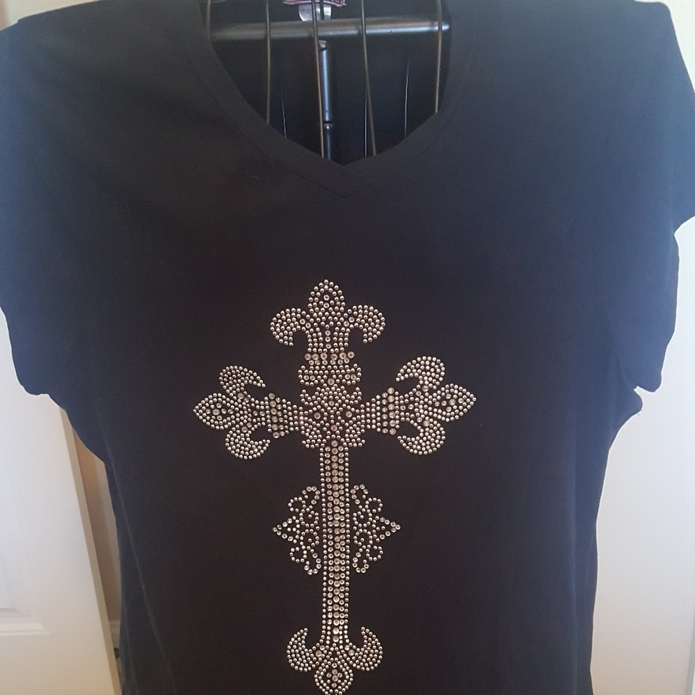 Black V neck T shirt with cross